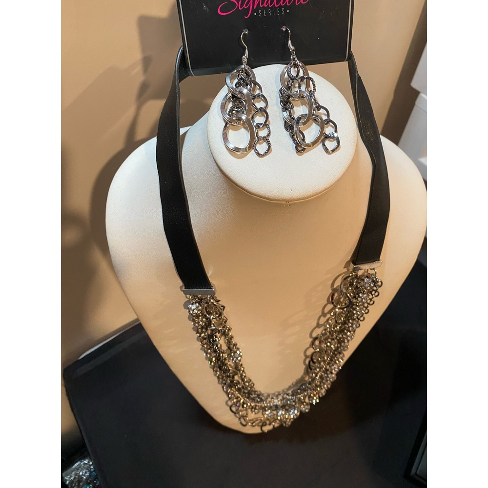 Necklace & Earrings Set Black Leather Choker Multi Layered Silver